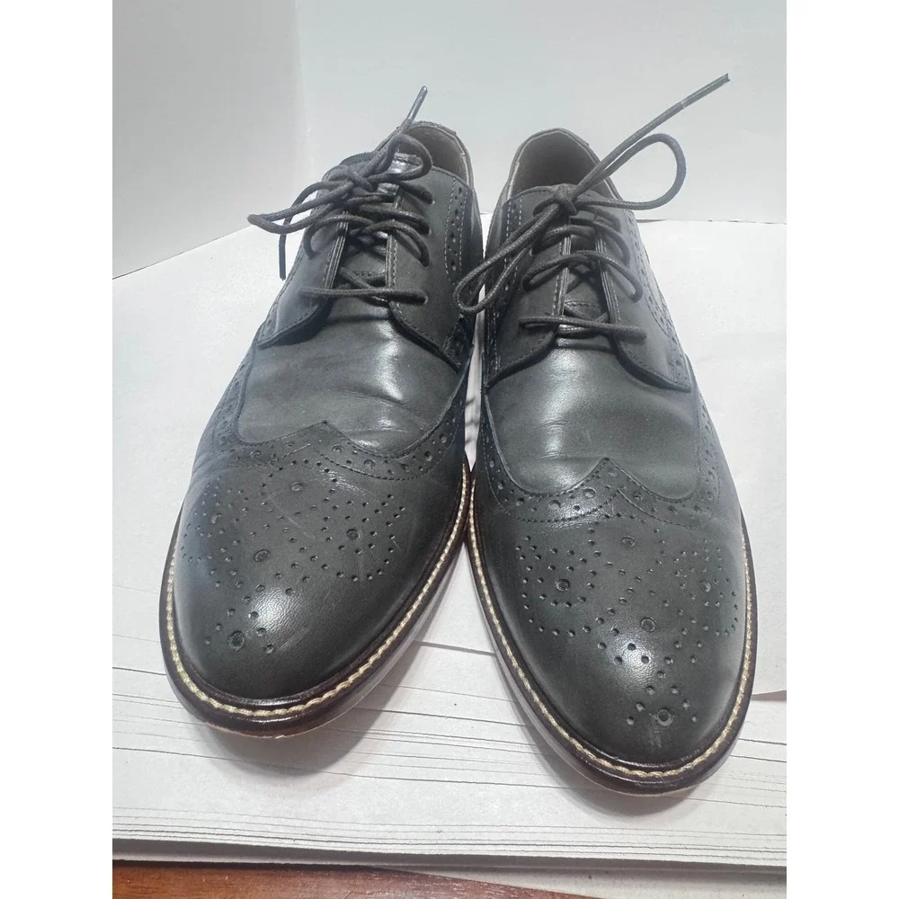 Joseph Abboud Mens 10 Grey Leather Wingtip Brogue Derby Dress Shoes